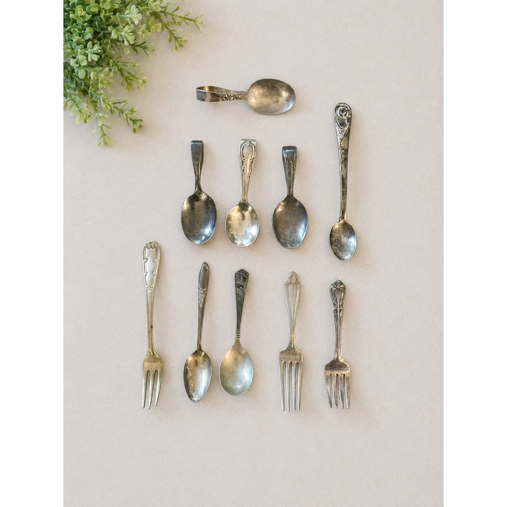 Vintage Baby Spoon & Fork Collection Lot of 10 Mixed Silverplate Child Flatware